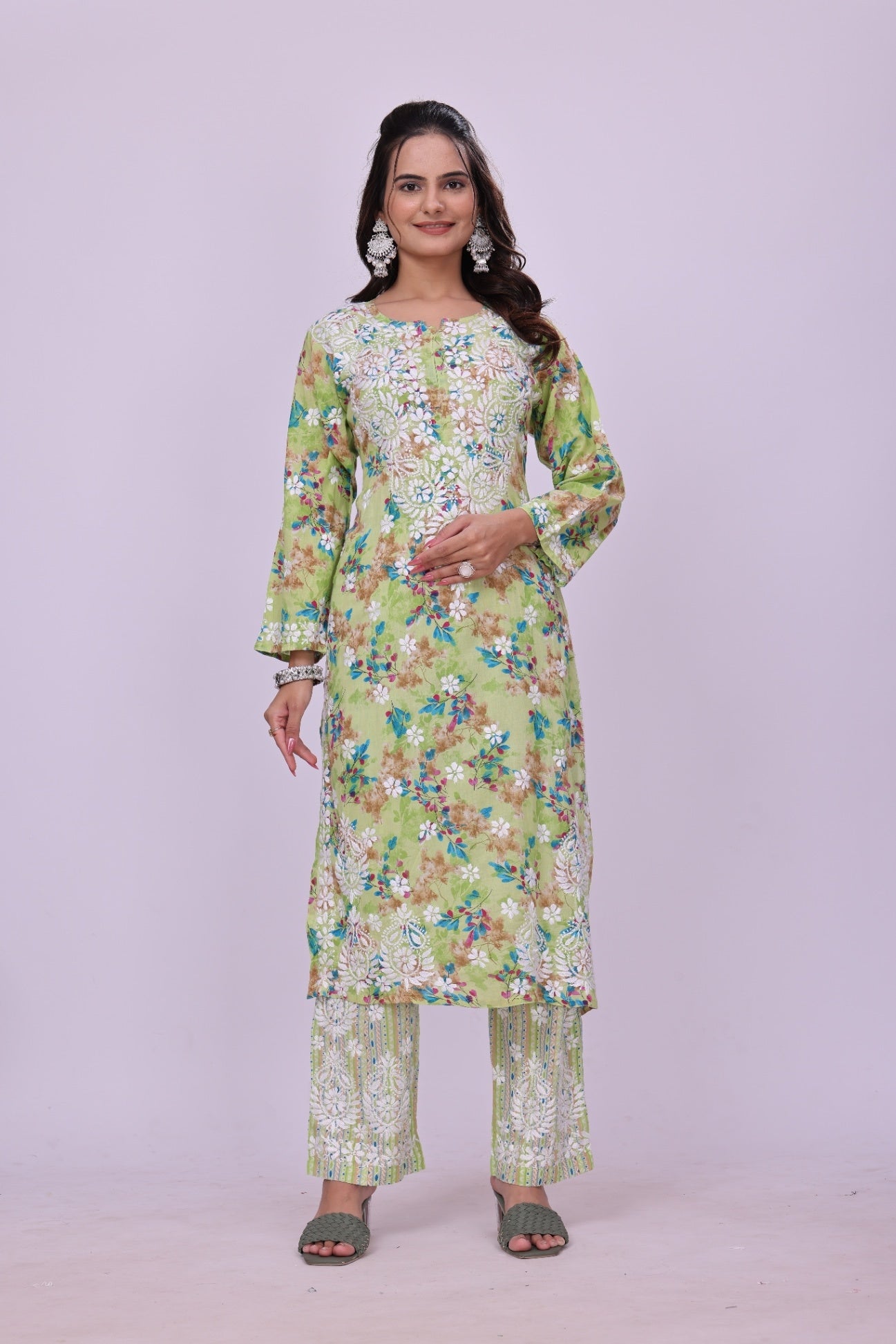 Karigiri Green Floral Chikankari Cotton Kurti Set_KF0058