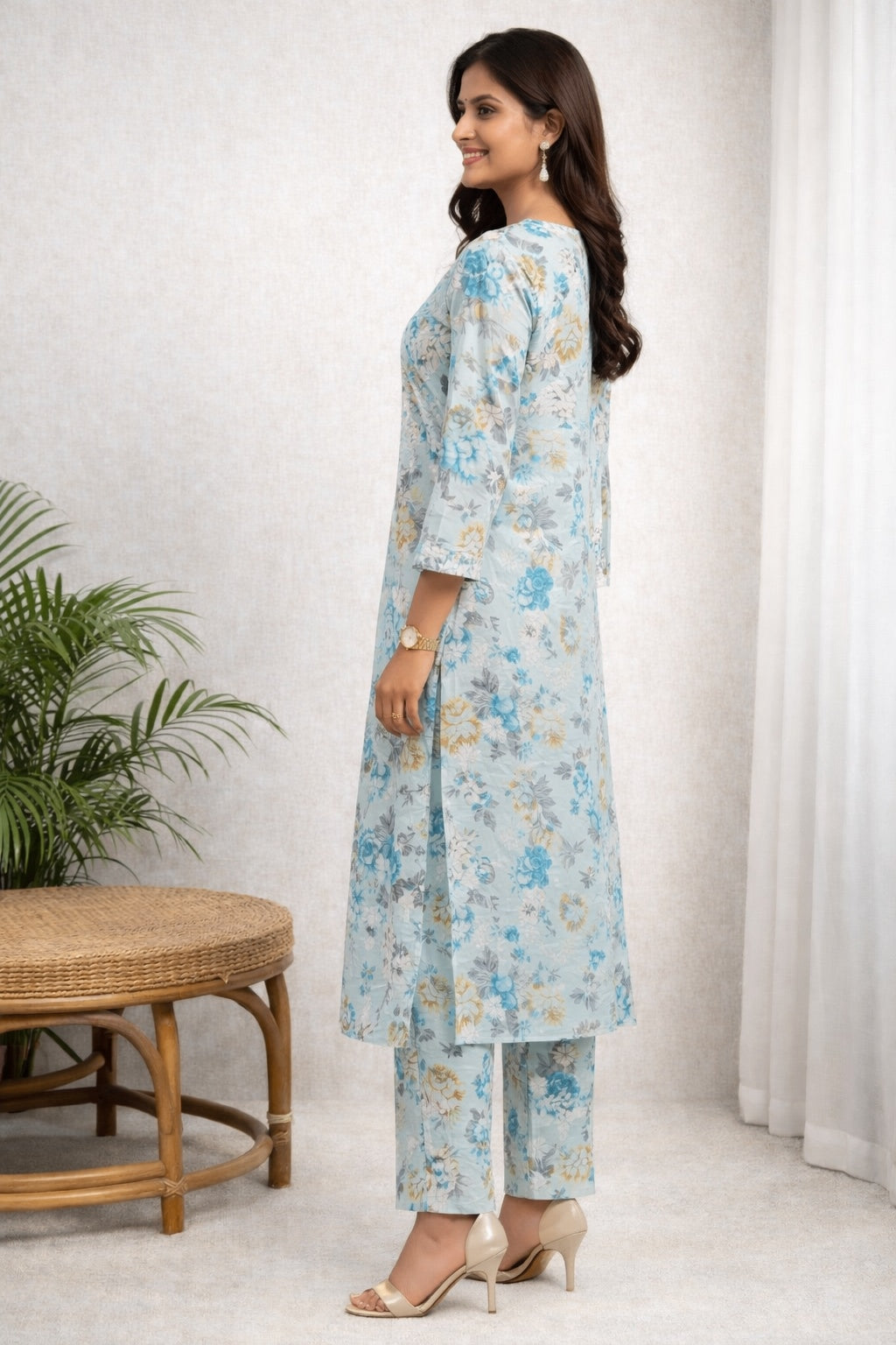 Karigiri Sky Blue Chikankari Cotton Kurti Pant Set_KF0181