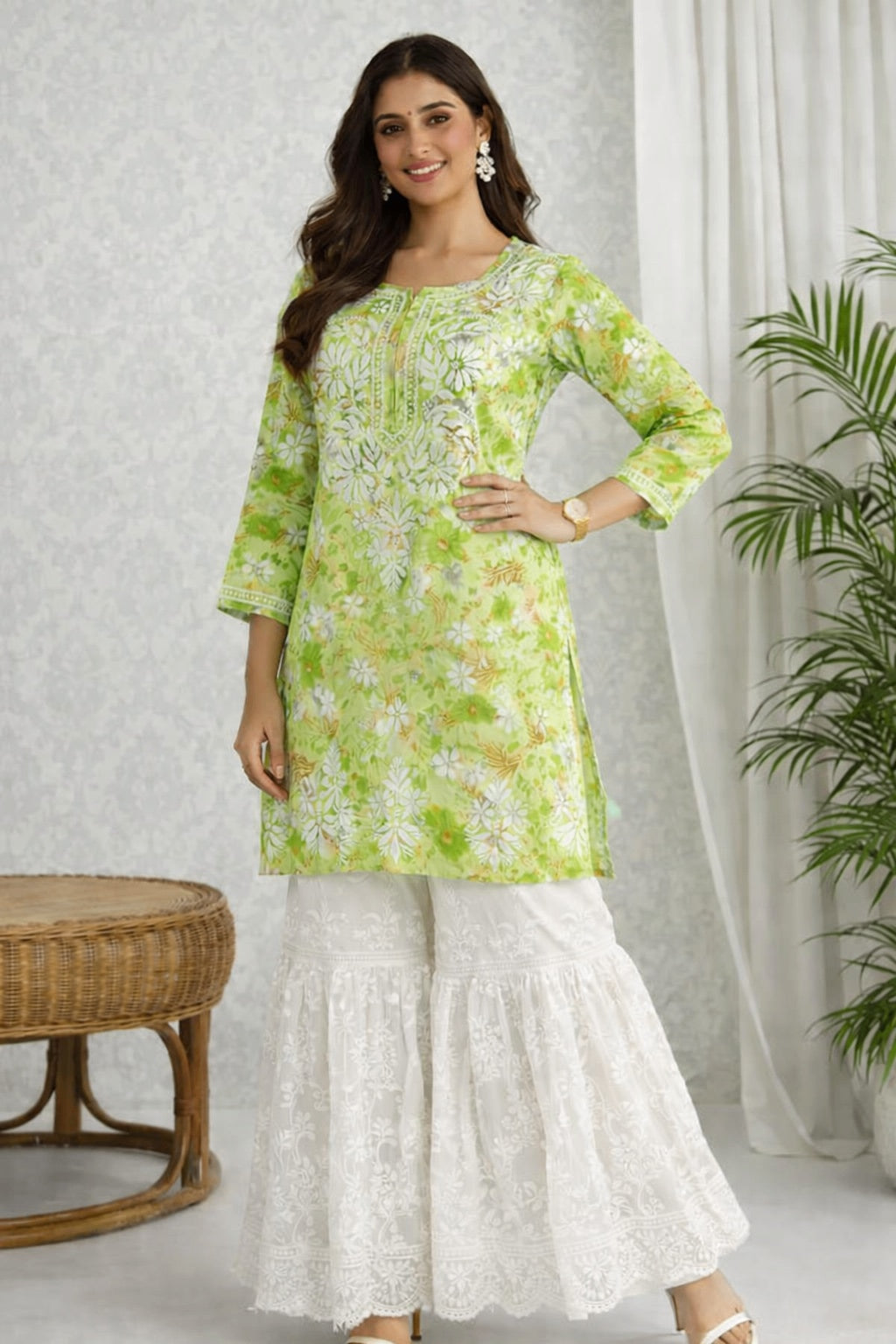 Karigiri Green Floral Chikankari Printed Cotton Short Kurti_KF0033