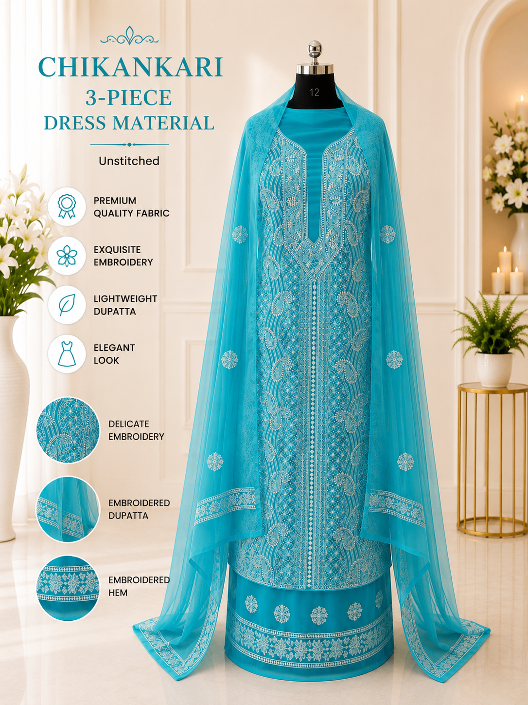Karigiri Aqua Blue Chikankari Georgette Unstitched Dress Material