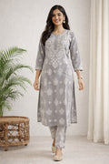 Karigiri Grey Floral Chikankari Kurti Set_KF0031
