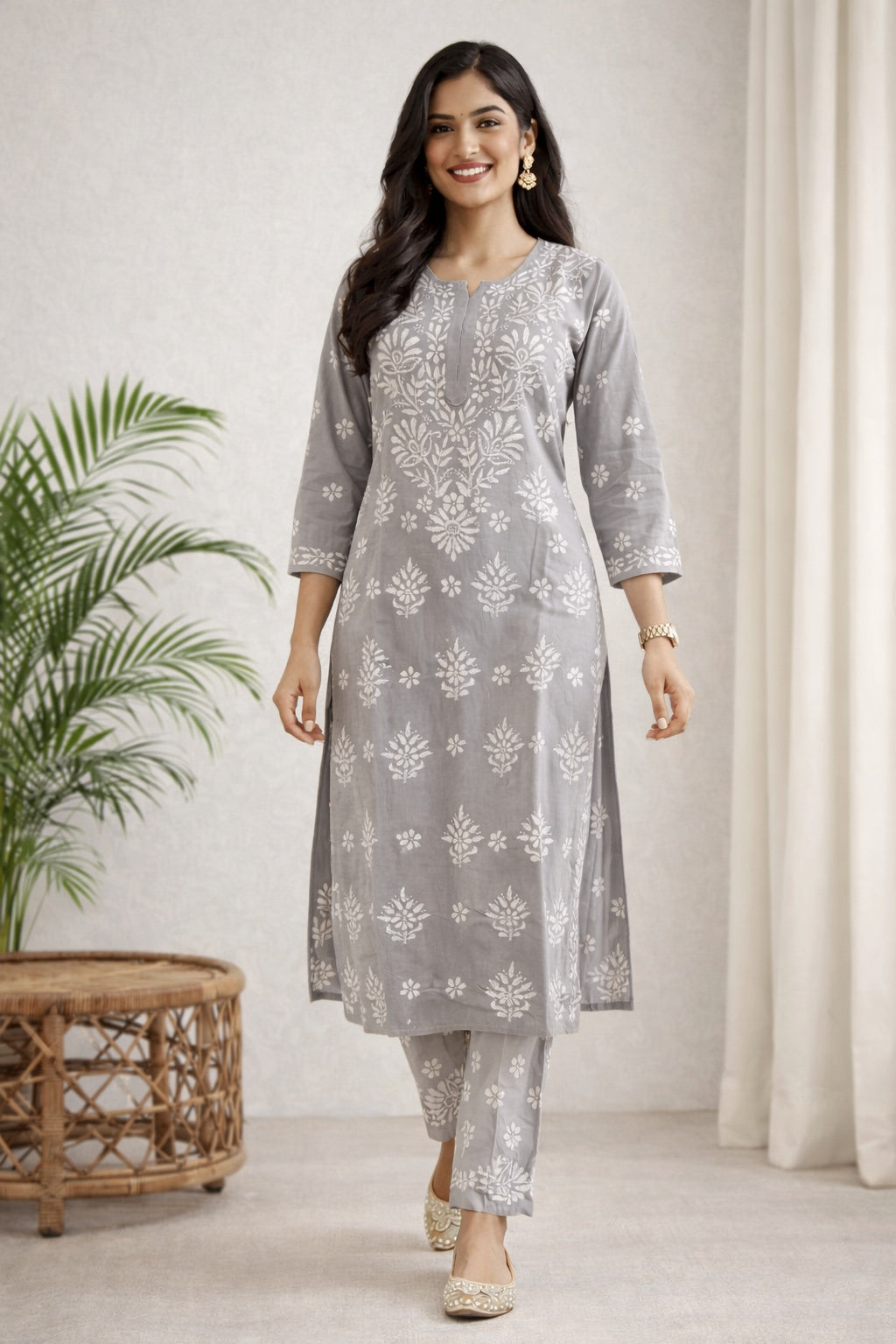 Karigiri Grey Floral Chikankari Kurti Set_KF0031