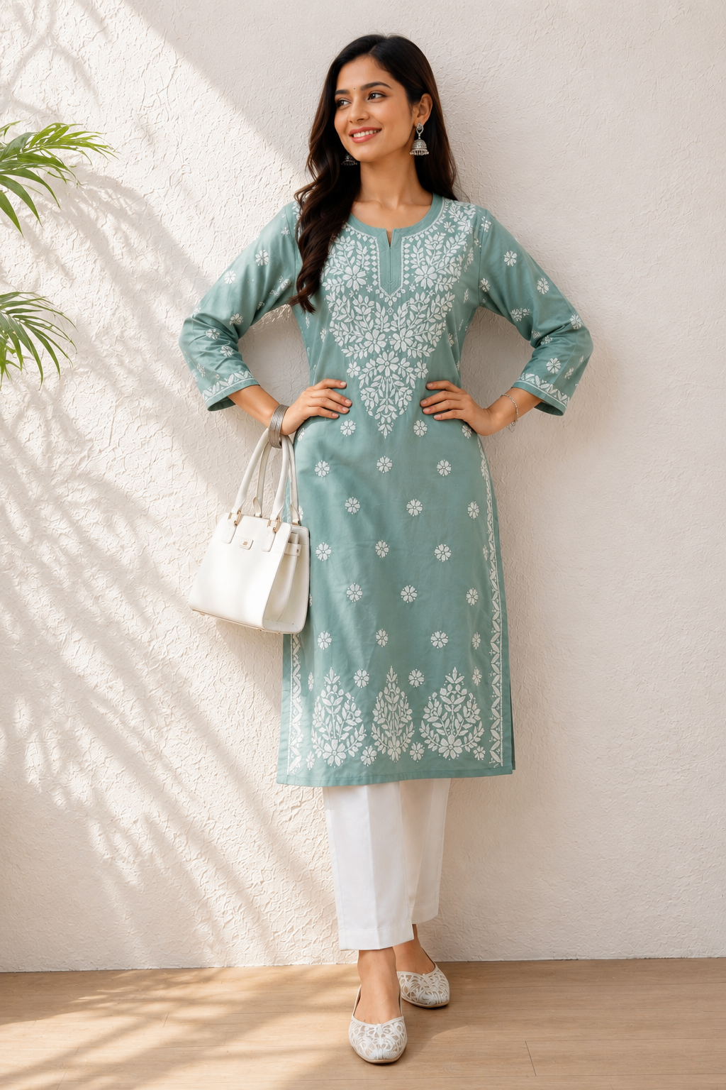 Karigiri Sage Green Lucknowi Chikankari Hand Embroidered Soft Mulmul Cotton Straight Kurti for Women, 3/4 Sleeve, Calf Length Ethnic Wear_KFSG0415