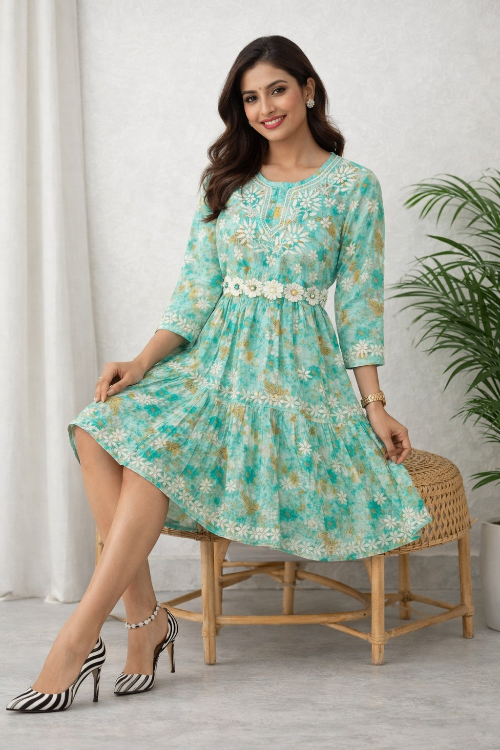 Karigiri Turquoise Blue Floral Printed Cotton Chikankari Frock Kurta_KF0160