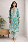 Karigiri Turquoise Blue Chikankari Printed Cotton Kurti Set_KF0192