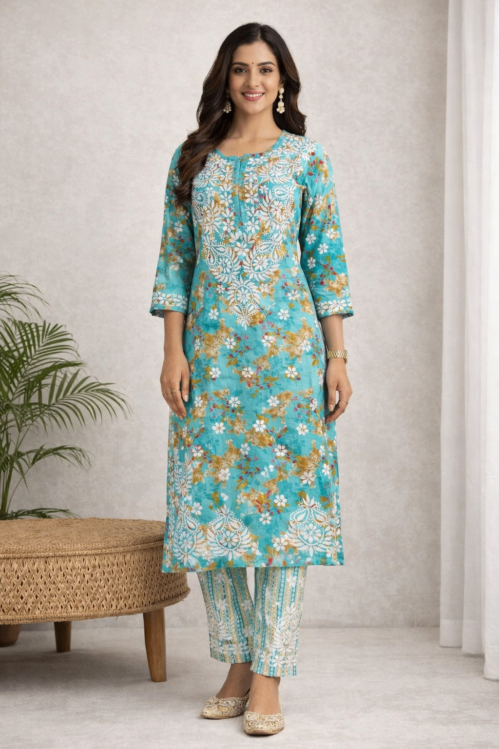 Karigiri Turquoise Blue Chikankari Printed Cotton Kurti Set_KF0192