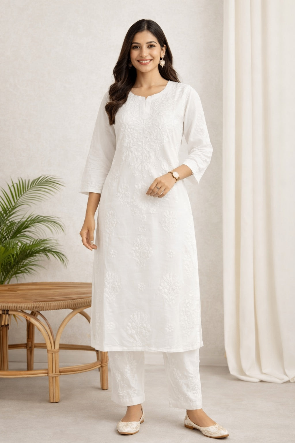 Karigiri White Floral Chikankari Cotton Kurti Set_KF0026