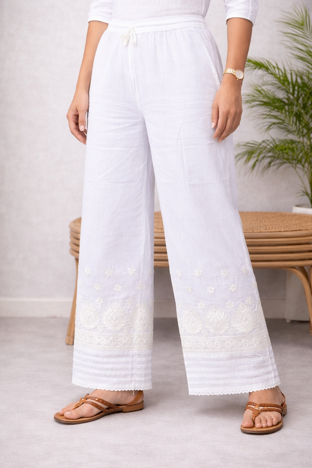 Karigiri White Chikankari Cotton Palazzo Pants_KF0195