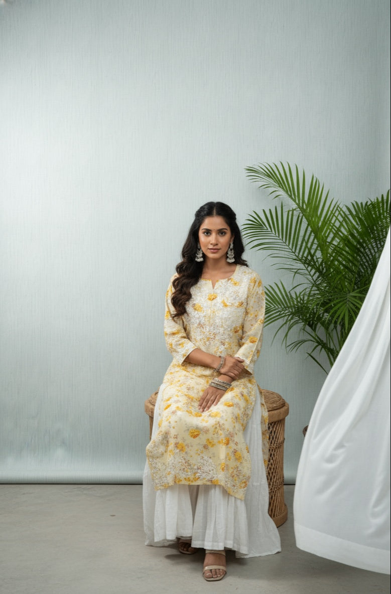 Karigiri Yellow Floral Chikankari Printed Cotton Kurta Women_KF0087