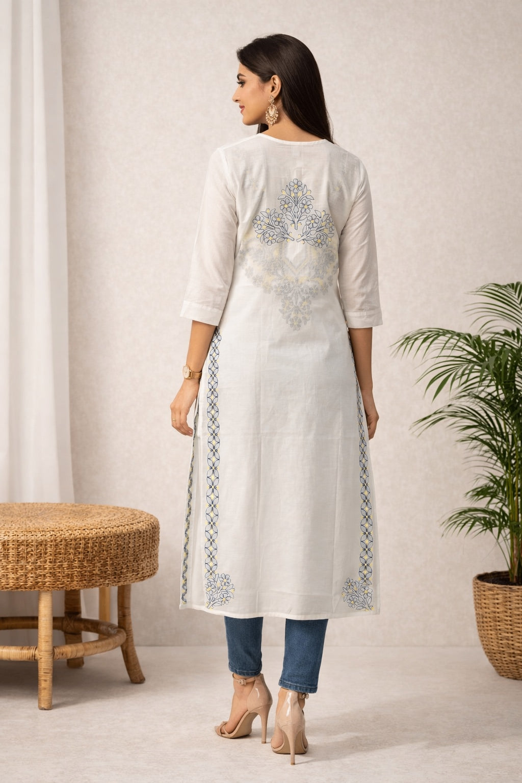 Karigiri Ivory Grey Lucknowi Chikankari Hand Embroidered Cotton Straight Kurta Kurti, 3/4 Sleeve, Calf Length Ethnic Wear for Women