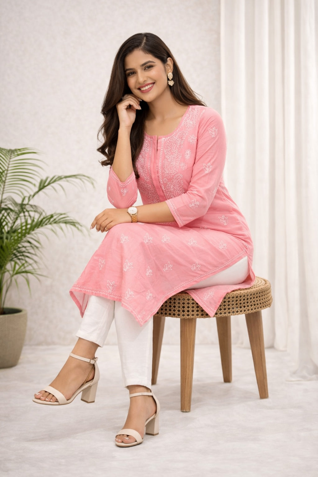 Karigiri Peach Pink Chikankari Cotton Kurti for Women_KF0144