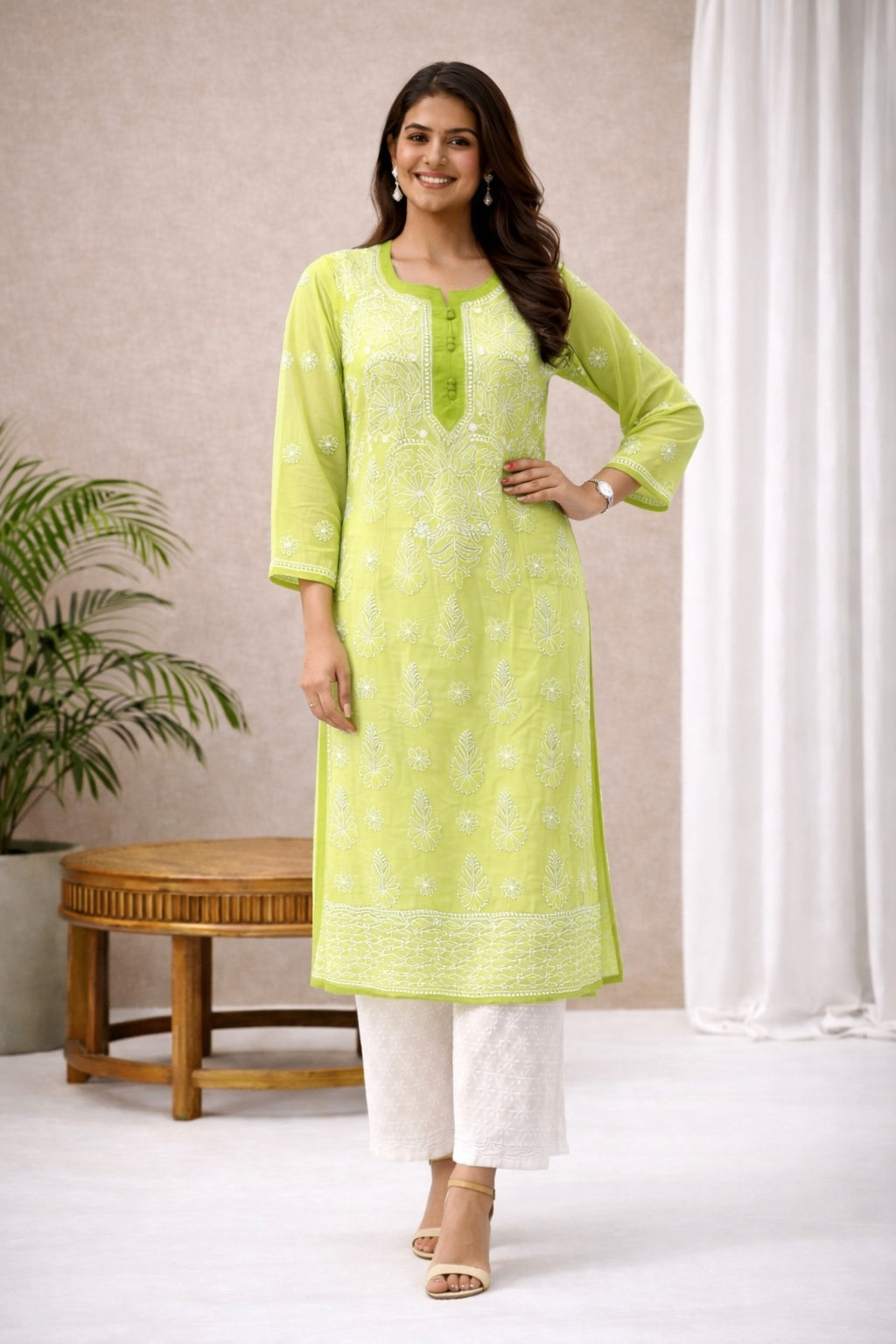 Karigiri Lime Green Chikankari Georgette Kurti_KF0117