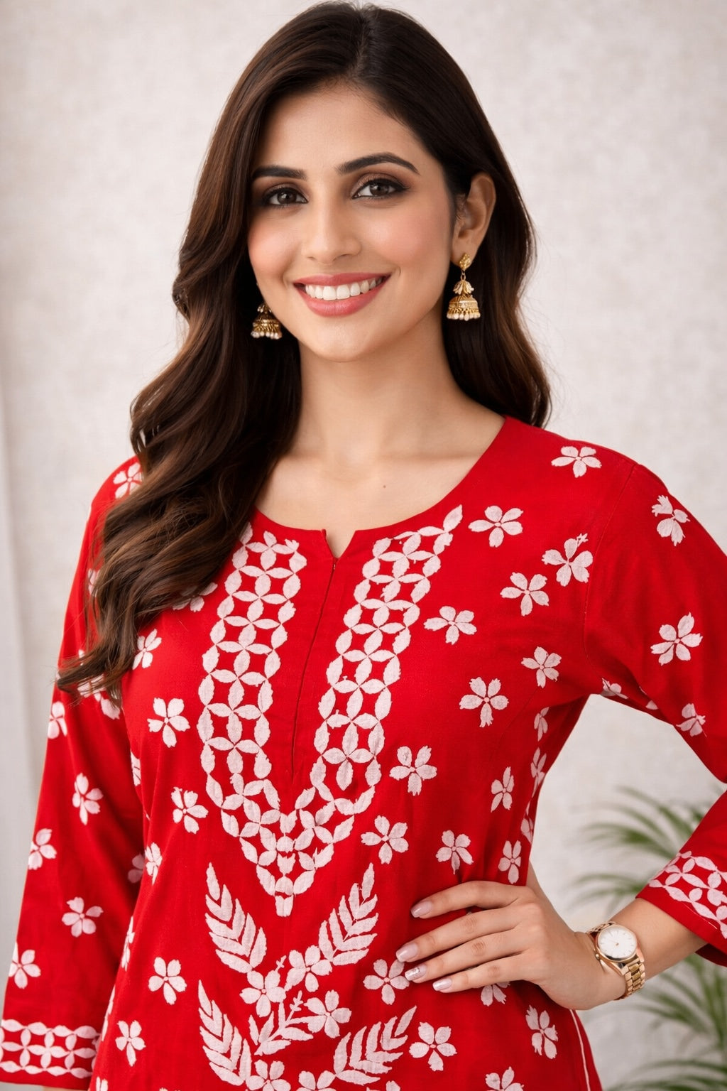 Karigiri Red Floral Chikankari Soft Mulmul Cotton Kurti Set_KF0164