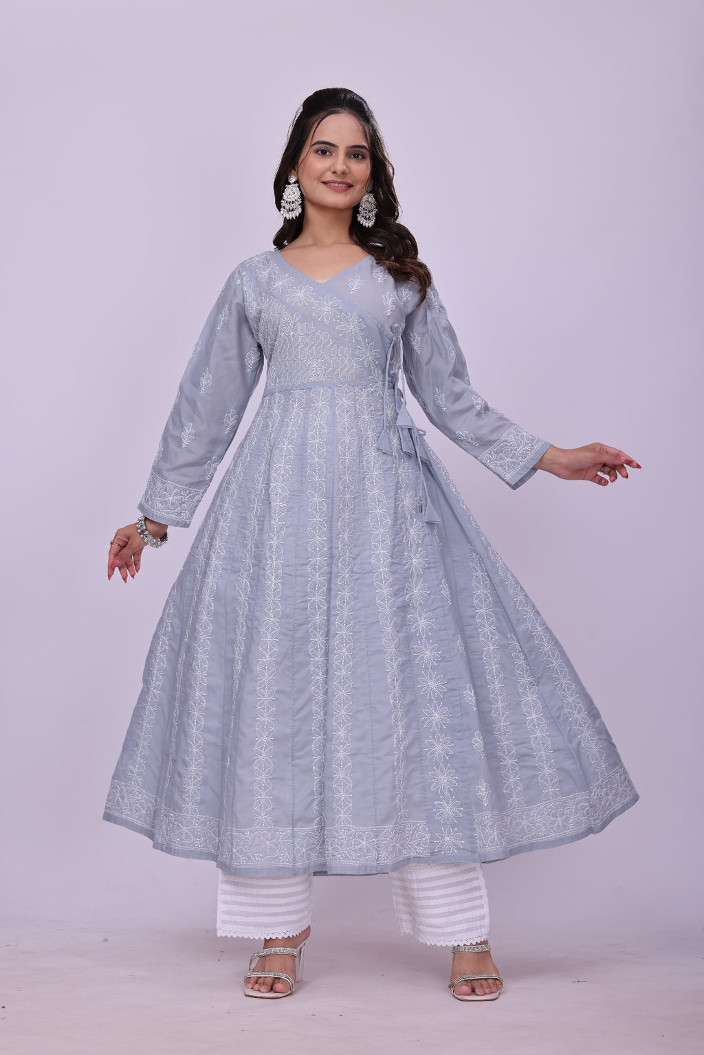 Karigiri Light Grey Embroidered Angrakha Kurta_KF0115