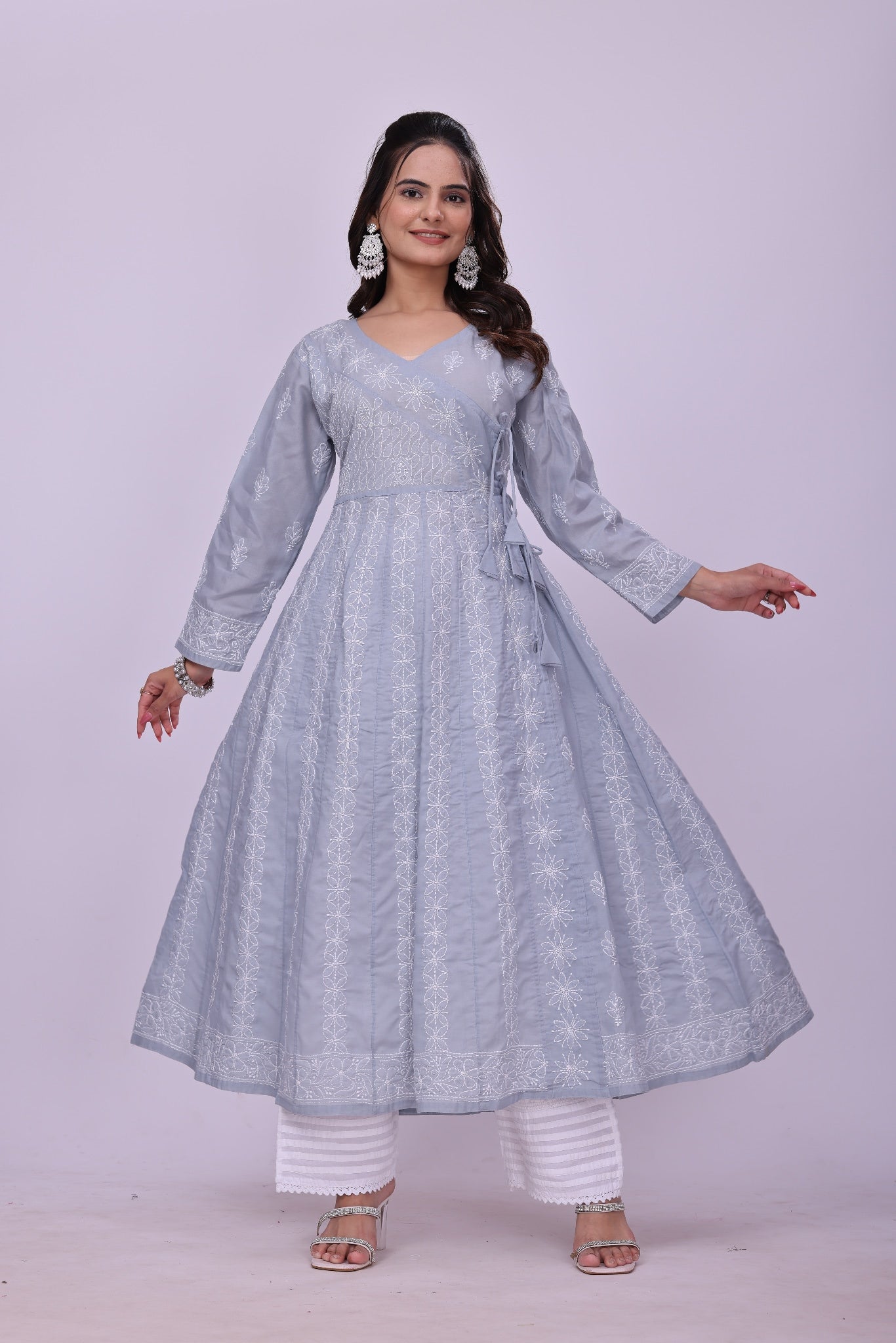 Karigiri Light Grey Embroidered Angrakha Kurta_KF0115