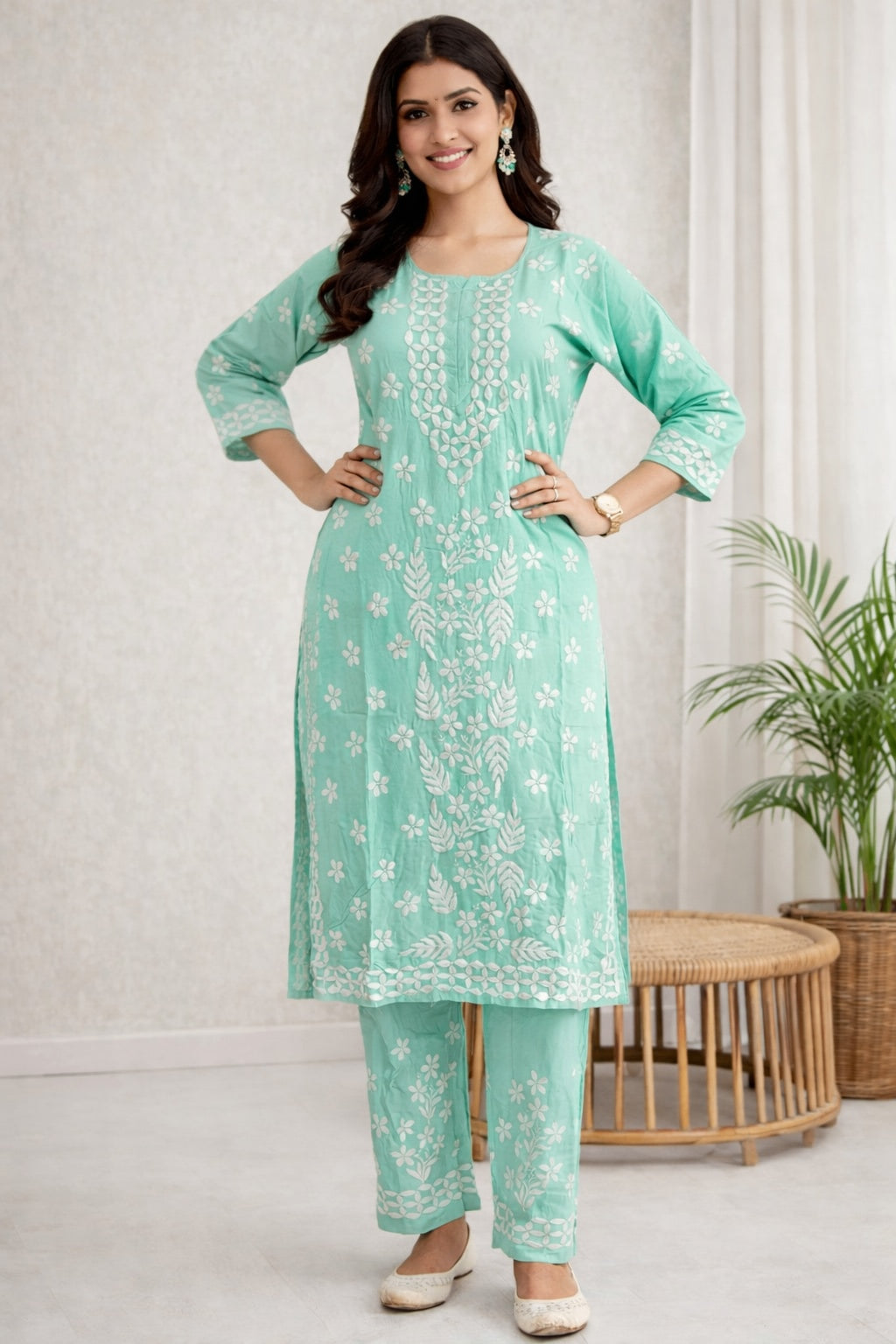 Karigiri Mint Green Chikankari Cotton Kurti Set_KF0126