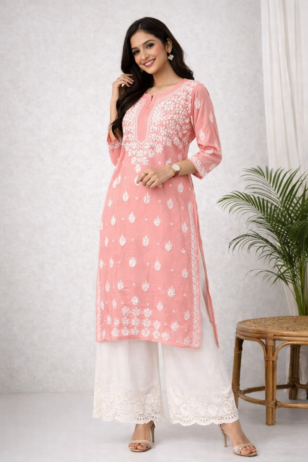 Karigiri Peach Pink Chikankari Cotton Kurti Women_KF0104