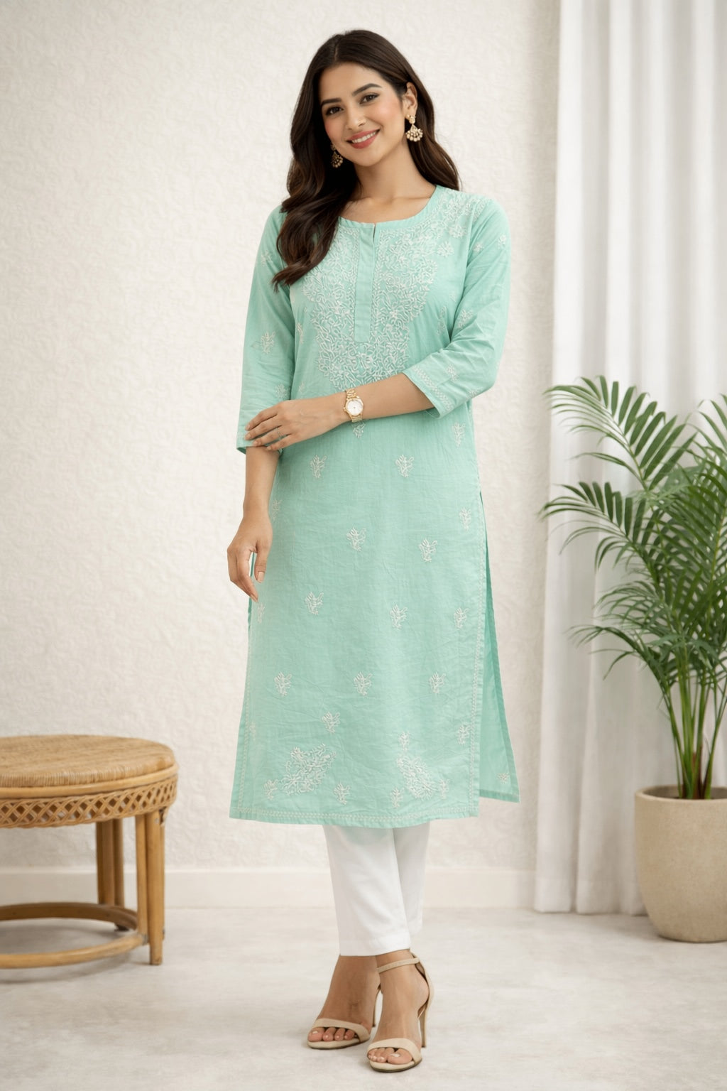 Karigiri Mint Green Chikankari Cotton Kurti_KF0129