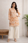 Karigiri Peach Floral Chikankari Printed Cotton Short Kurti_KF0143