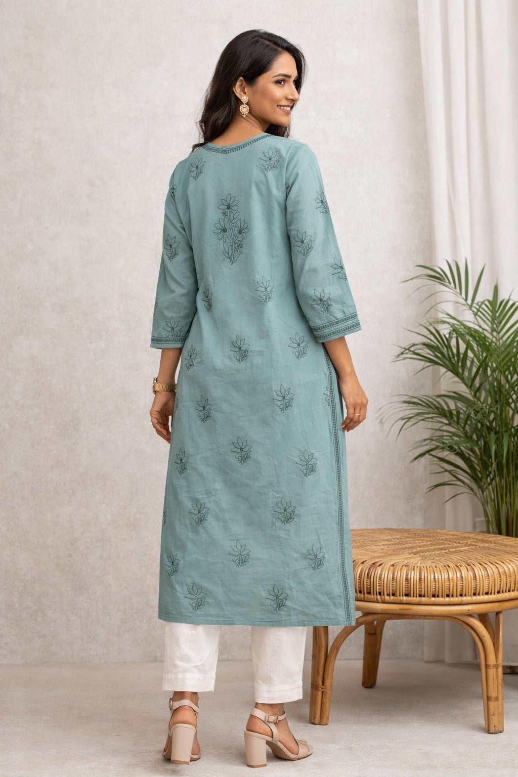 Karigiri Grey Chikankari Cotton Kurti Floral Work_KF0047