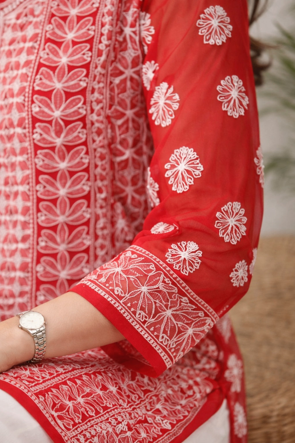 Karigiri Red Chikankari Georgette Short Kurti_KF0173