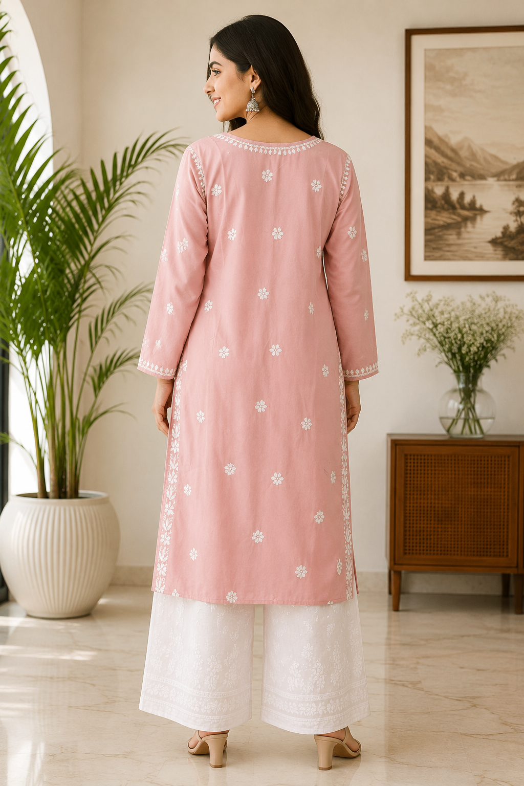 Karigiri Blush Pink Chikankari Mulmul Cotton Kurti KF0025