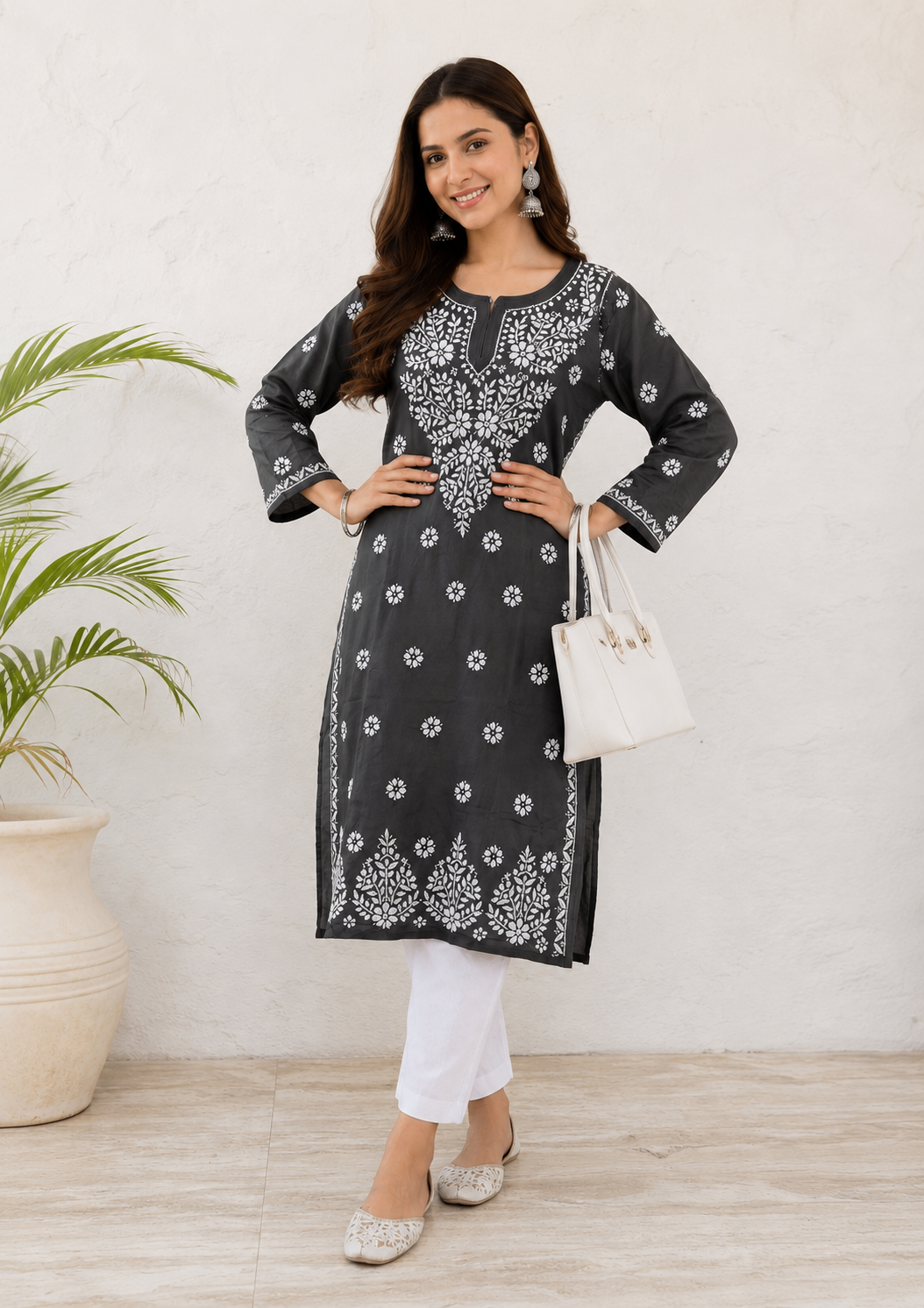 Karigiri Dark Grey Lucknowi Chikankari Hand Embroidered Soft Mulmul Cotton Straight Kurti for Women | Calf Length | 3/4 Sleeve_KFDG0413