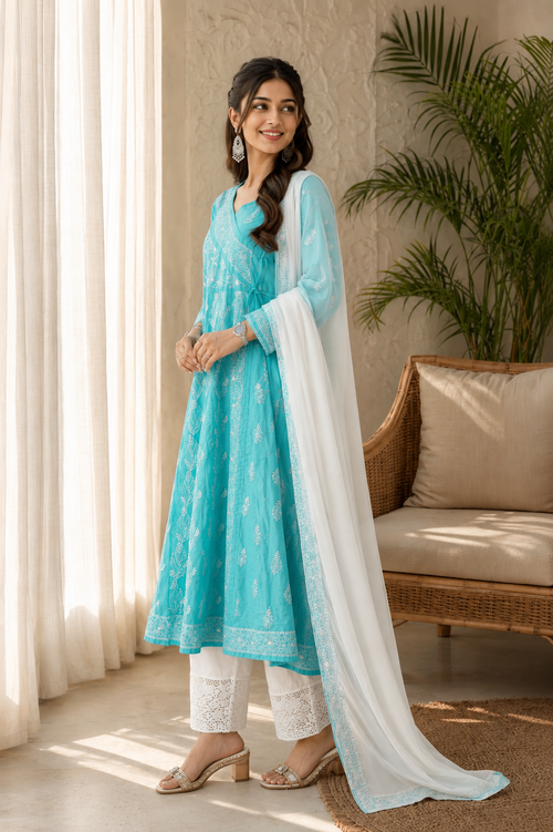 Karigiri Aqua Blue Hand Embroidered Chikankari Cotton Anarkali Kurti