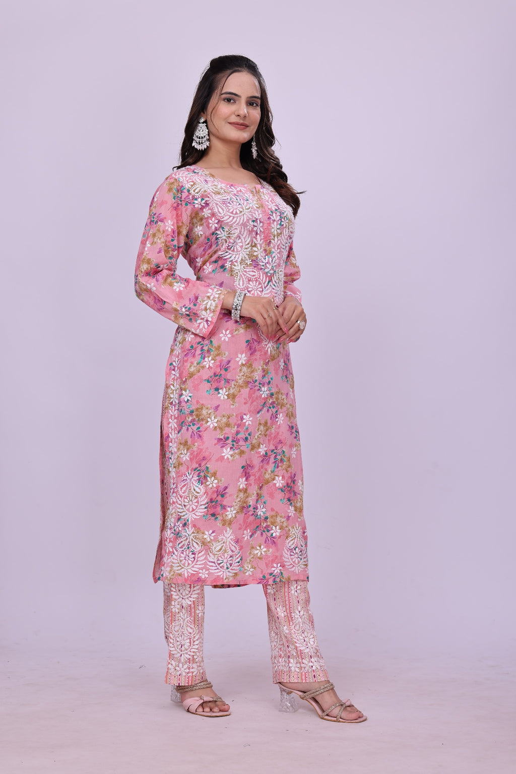 Karigiri Pink Floral Chikankari Cotton Kurti Set_KF0059