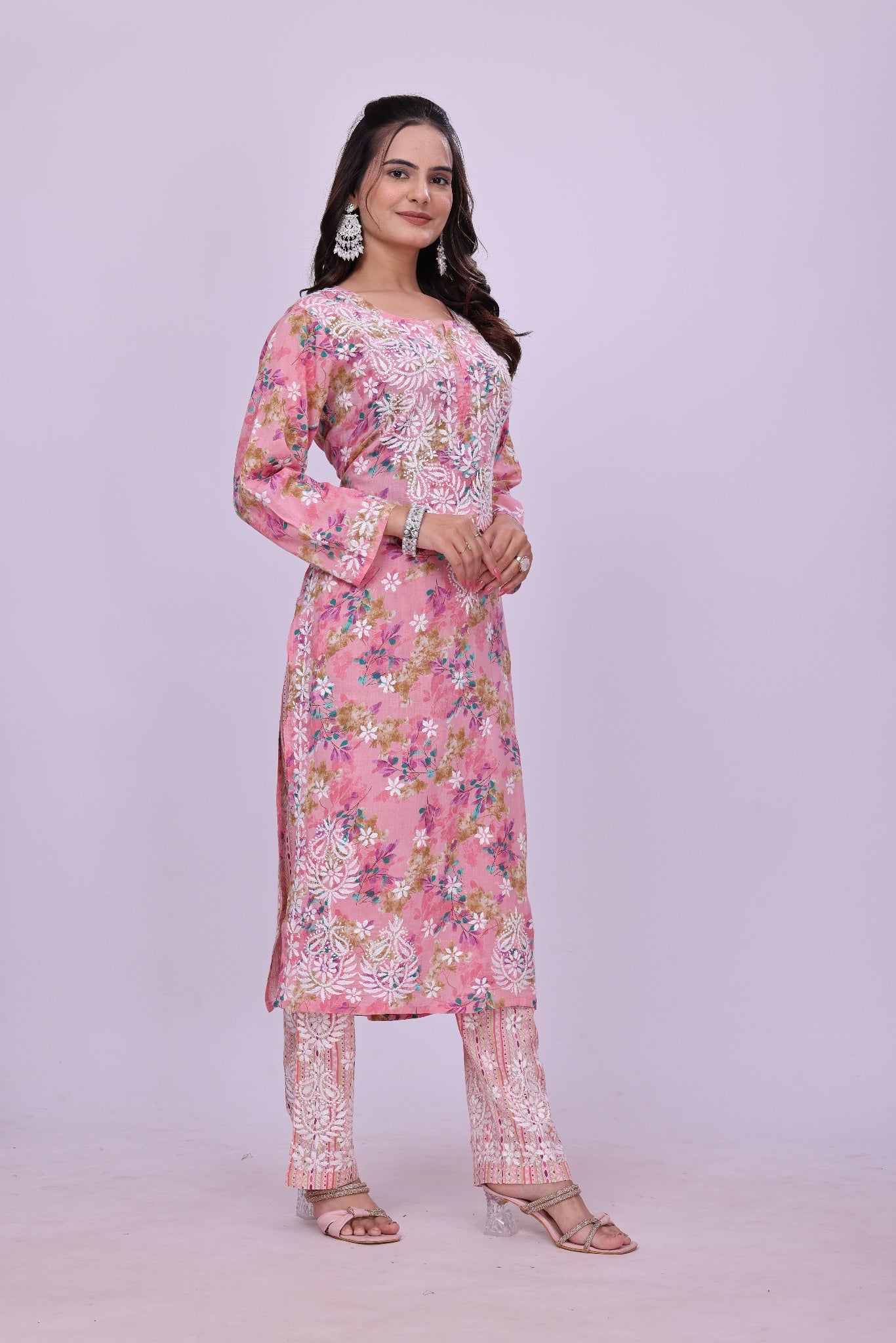 Karigiri Pink Floral Chikankari Cotton Kurti Set_KF0059