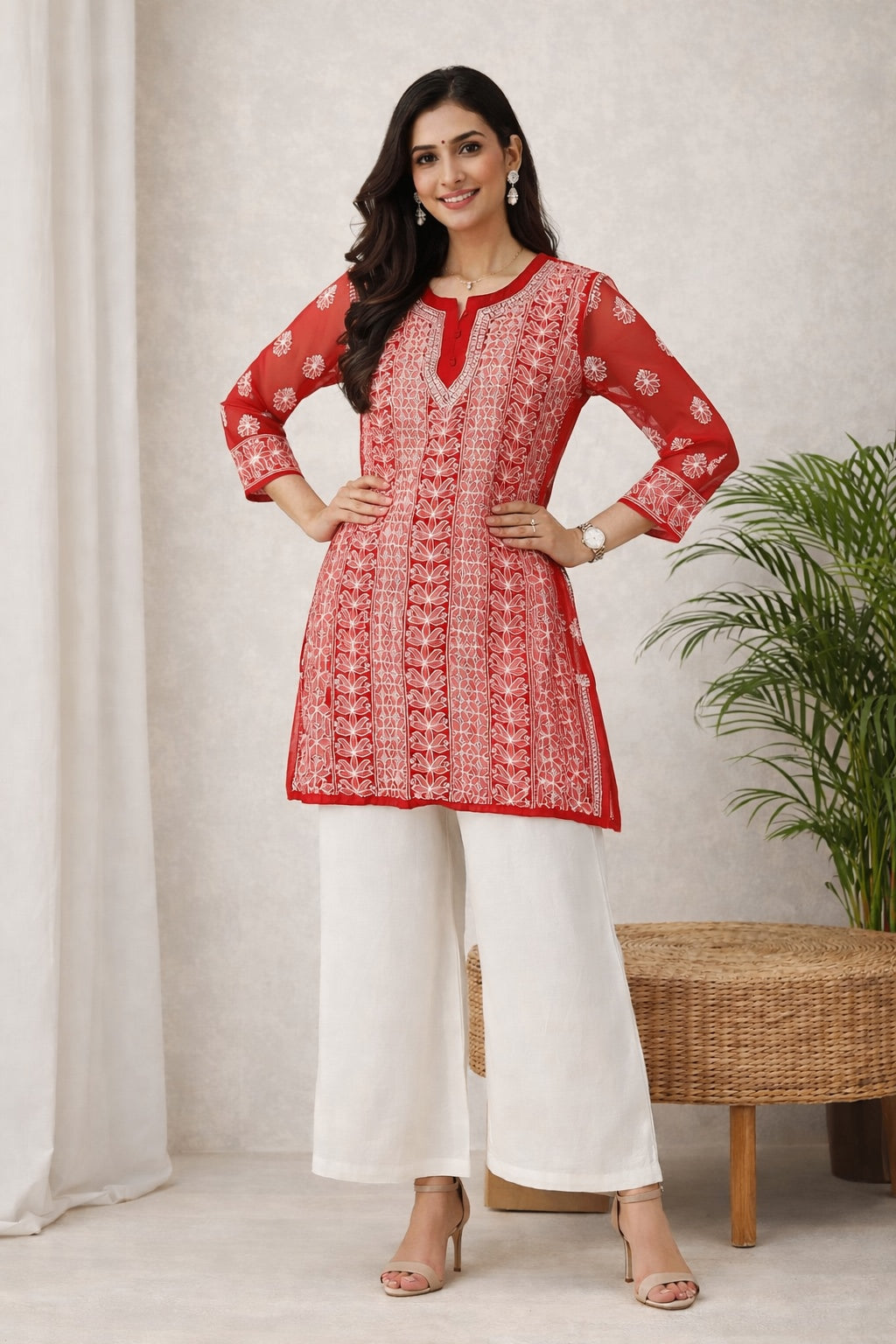 Karigiri Red Chikankari Georgette Short Kurti_KF0173