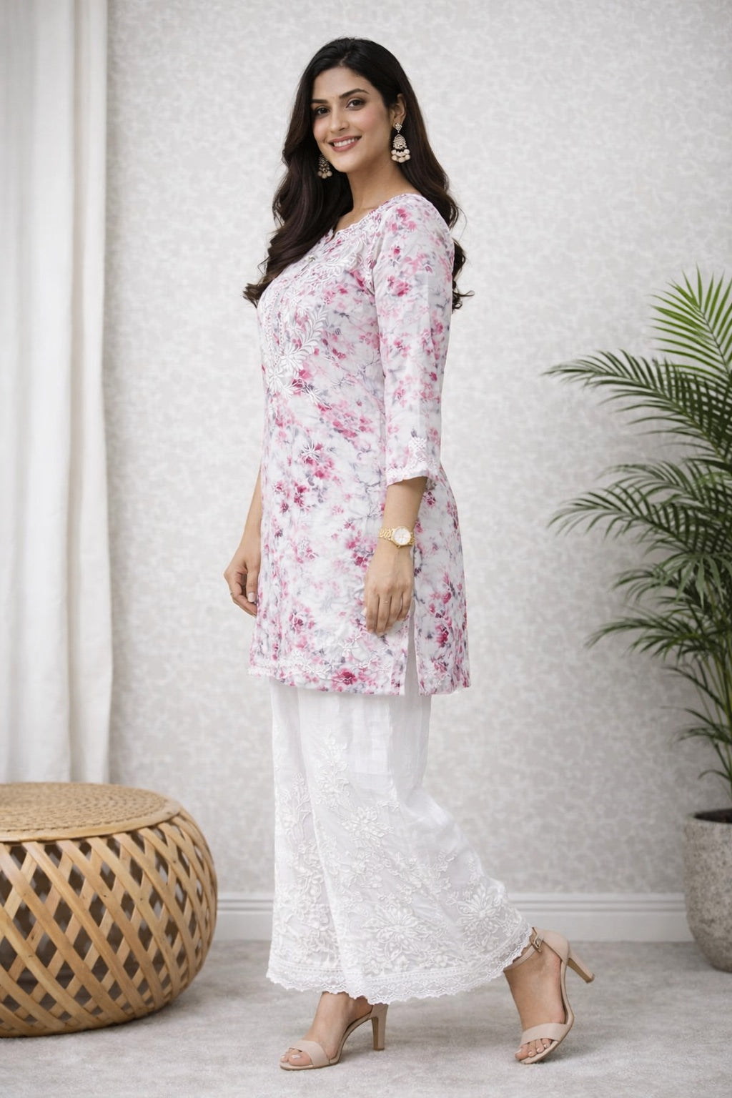 Karigiri White Pink Floral Chikankari Printed Cotton Short Kurti_KF0146