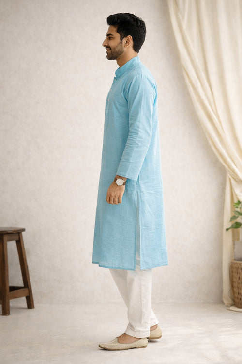 Karigiri Aqua Blue Chikankari Cotton Men's Kurta_KF0002