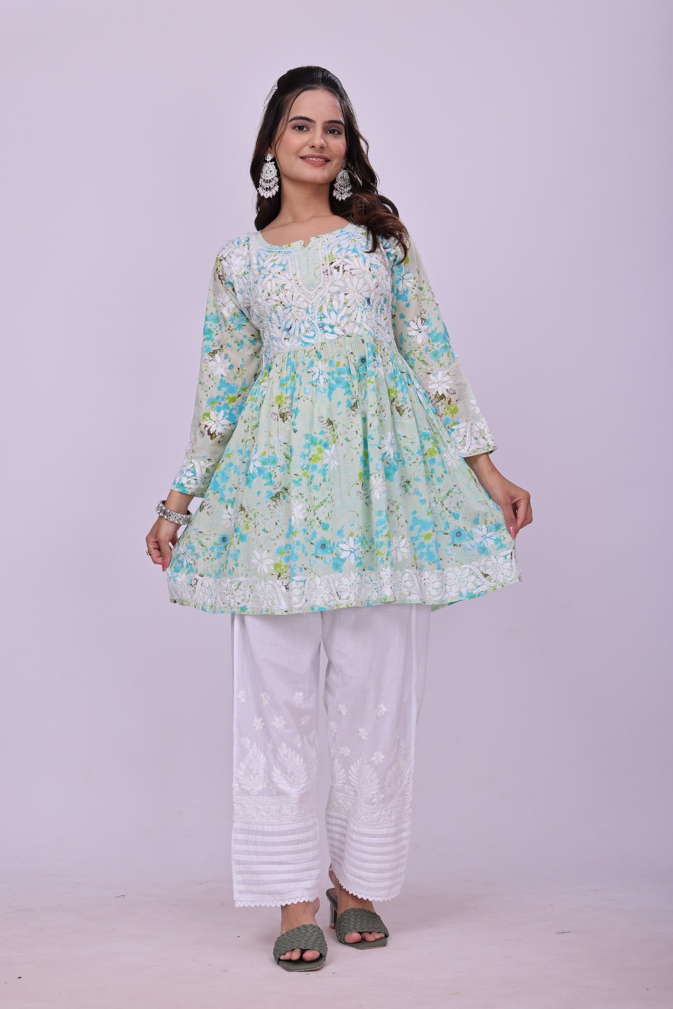 Karigiri Green Floral Chikankari Frock Style Short Kurta_KF0122