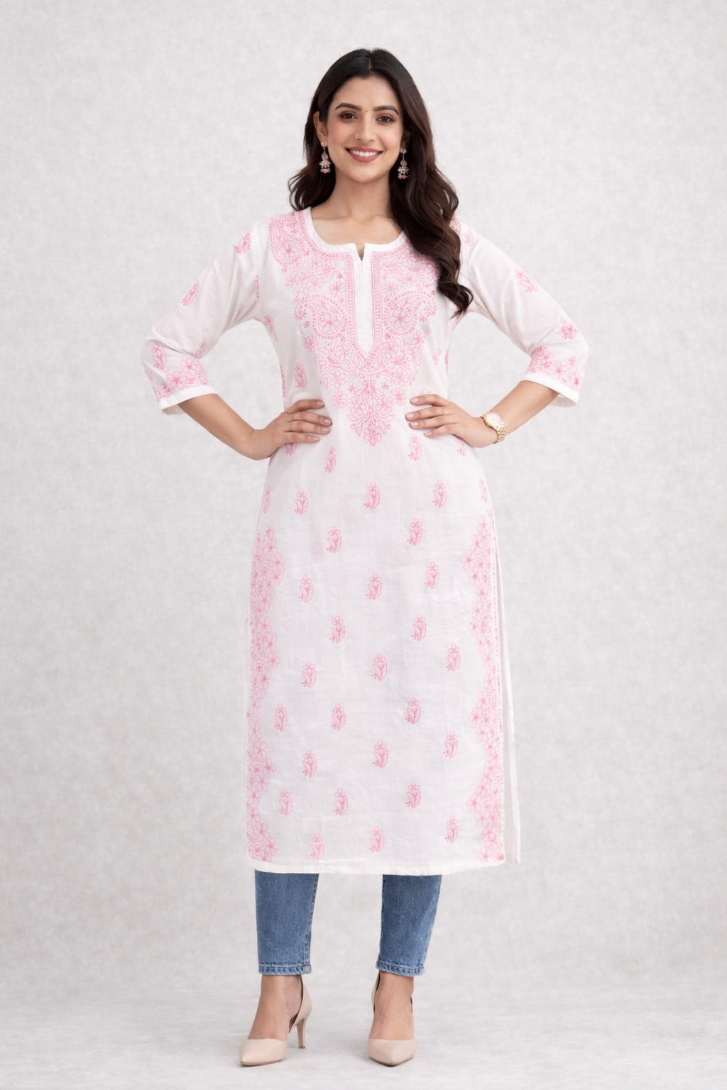 Karigiri White & Pink Chikankari Cotton Kurti_KF0194