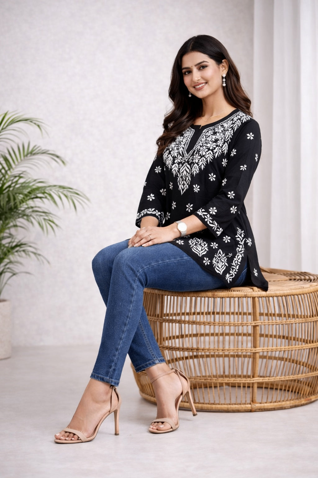 Karigiri Black Chikankari Rayon Short Kurti Women_KF0015