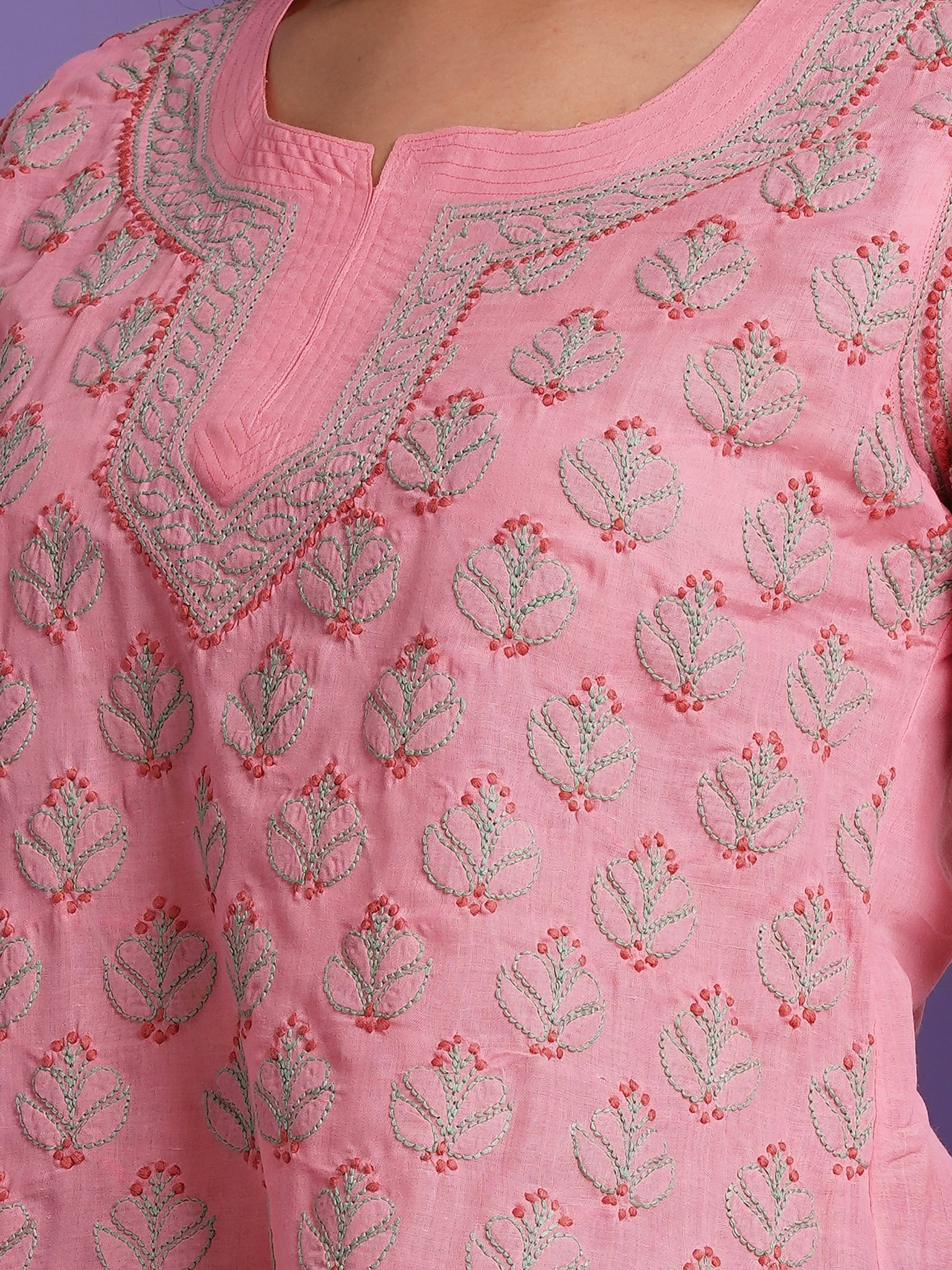 Karigiri Lucknowi Chikankari Hand Embroidered Pure Cotton Straight Hip Length Short Kurti, 3/4 Sleeve, Ethnic Wear for Women