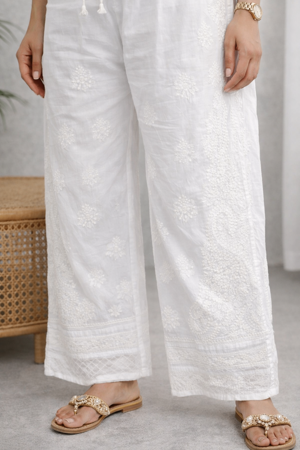Karigiri White Chikankari Cotton Palazzo Pants_KF0198