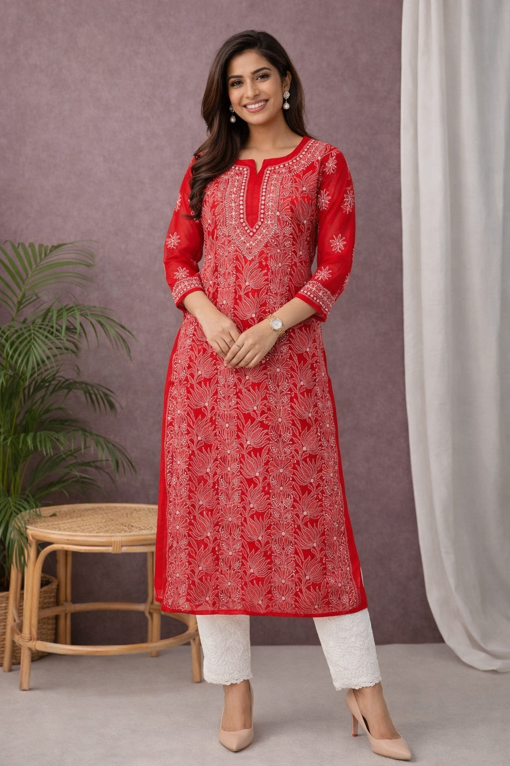 Karigiri Red Georgette Chikankari Jaaldar Kurti_KF0051