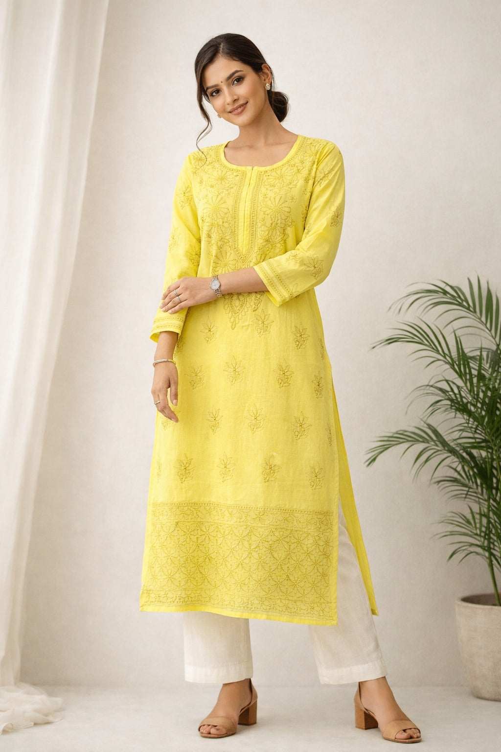 Karigiri Yellow Chikankari Cotton Kurti for Women_KF0095