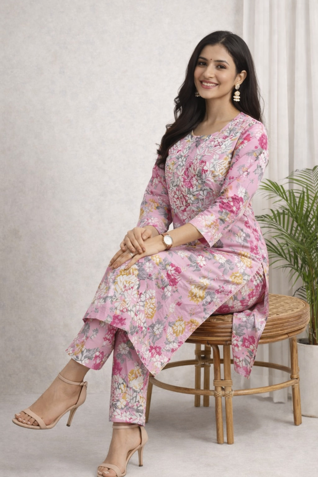 Karigiri Pink Floral Chikankari Printed Cotton Kurti Set_KF0147