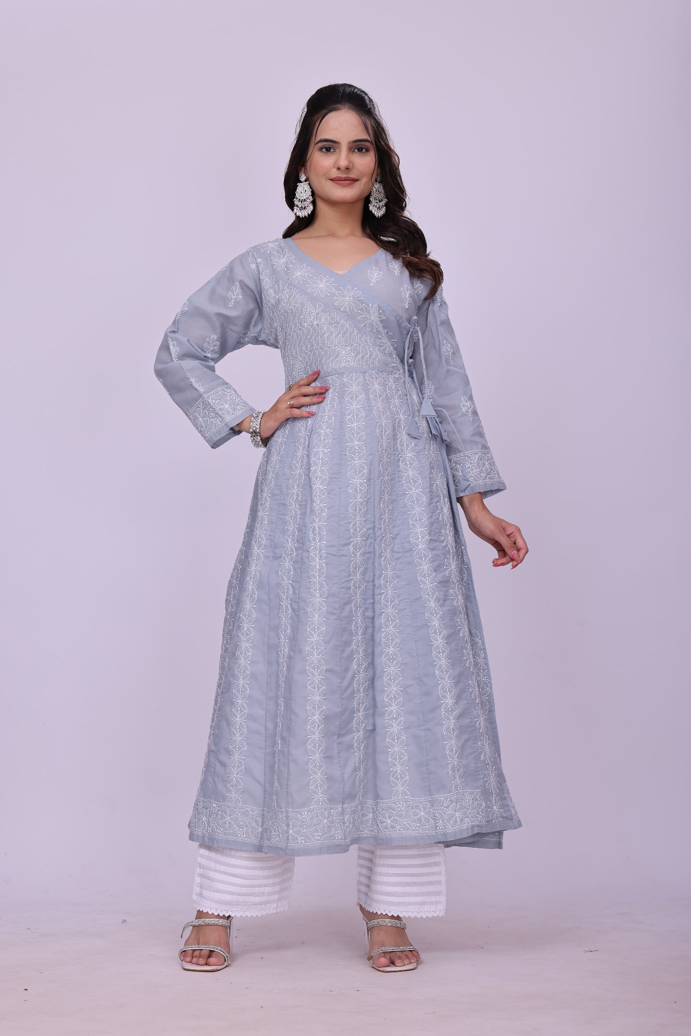 Karigiri Light Grey Embroidered Angrakha Kurta_KF0115