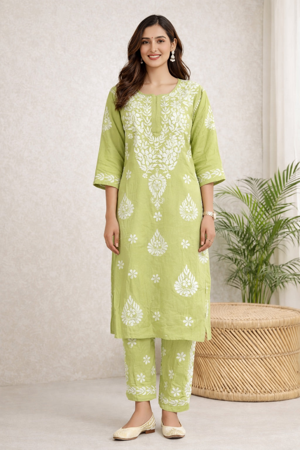 Karigiri Pistachio Green Chikankari Soft Mulmul Cotton Kurti Set_KF0155