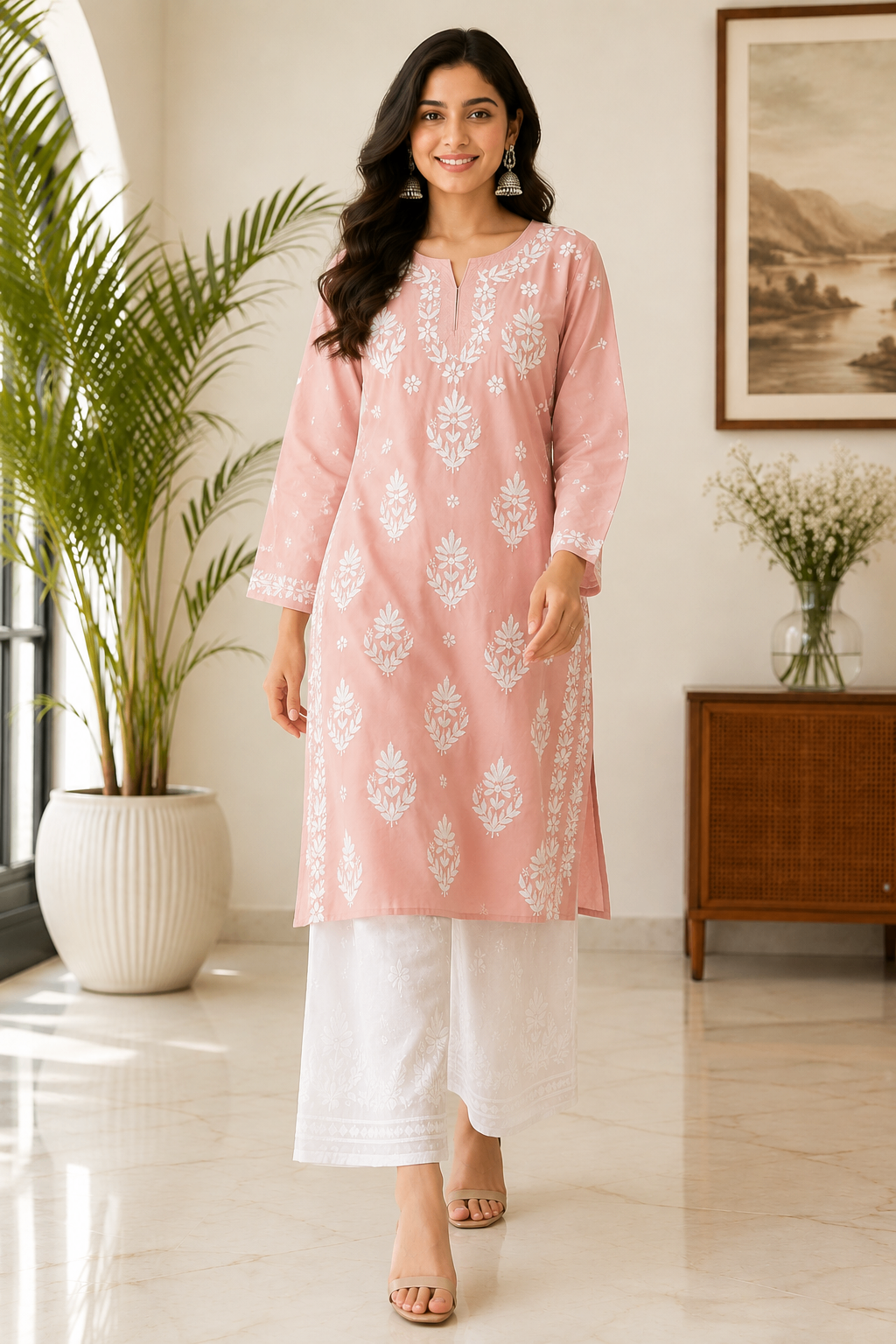 Karigiri Blush Pink Chikankari Mulmul Cotton Kurti KF0025
