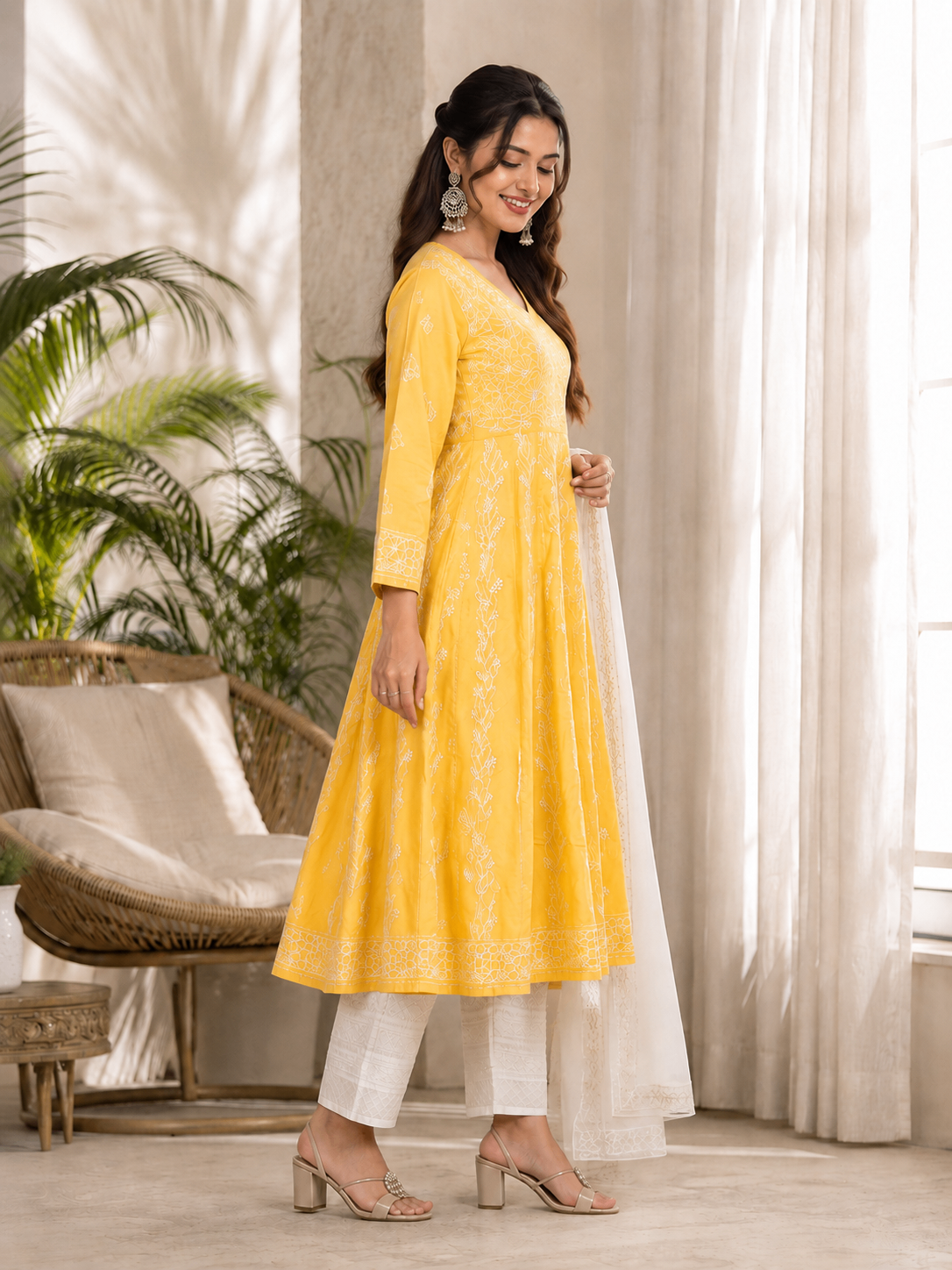 Karigiri Sunshine Yellow Hand Embroidered Chikankari Cotton Anarkali Kurti