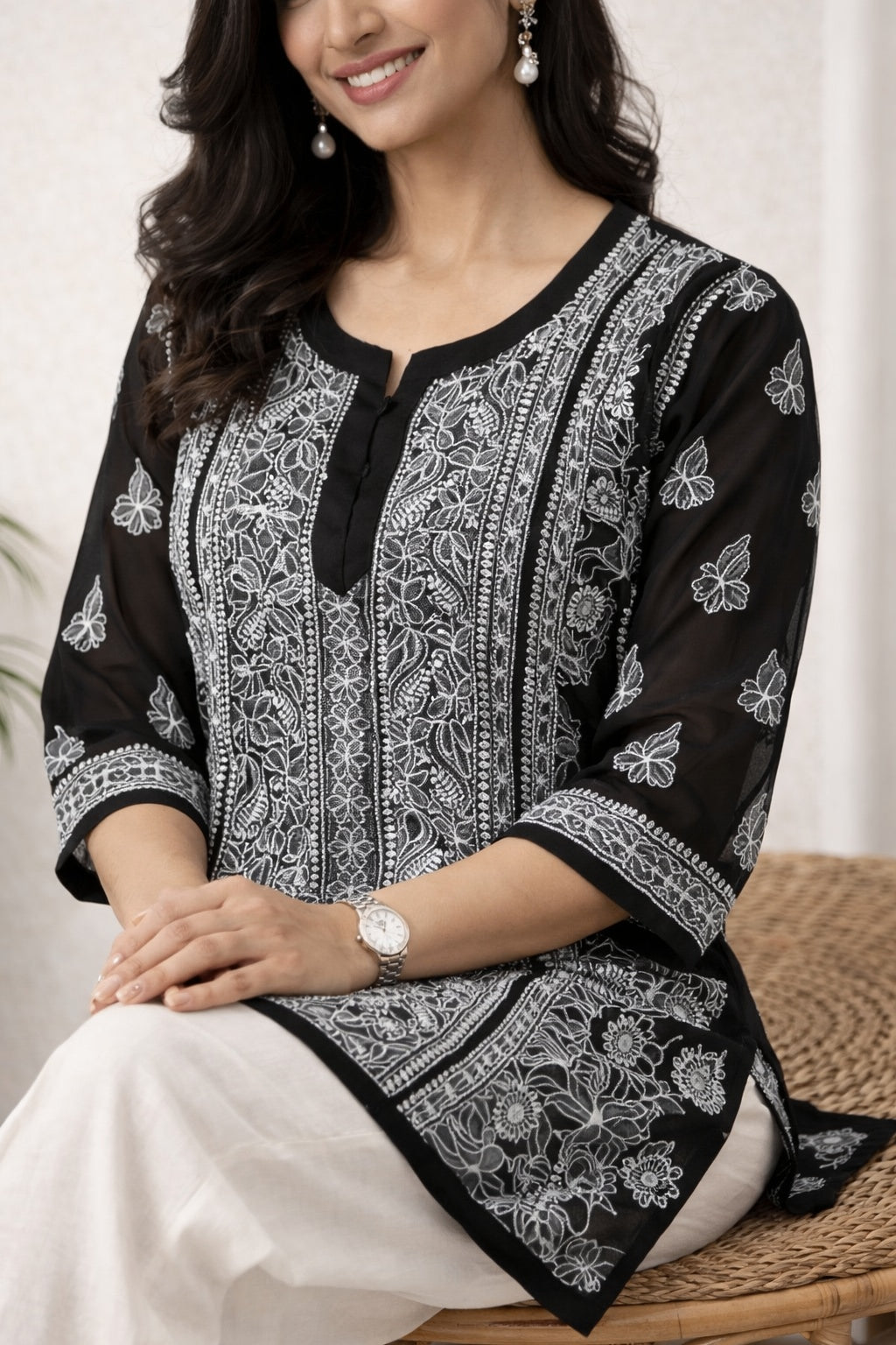Karigiri Black Georgette Chikankari Short Kurti_KF0014