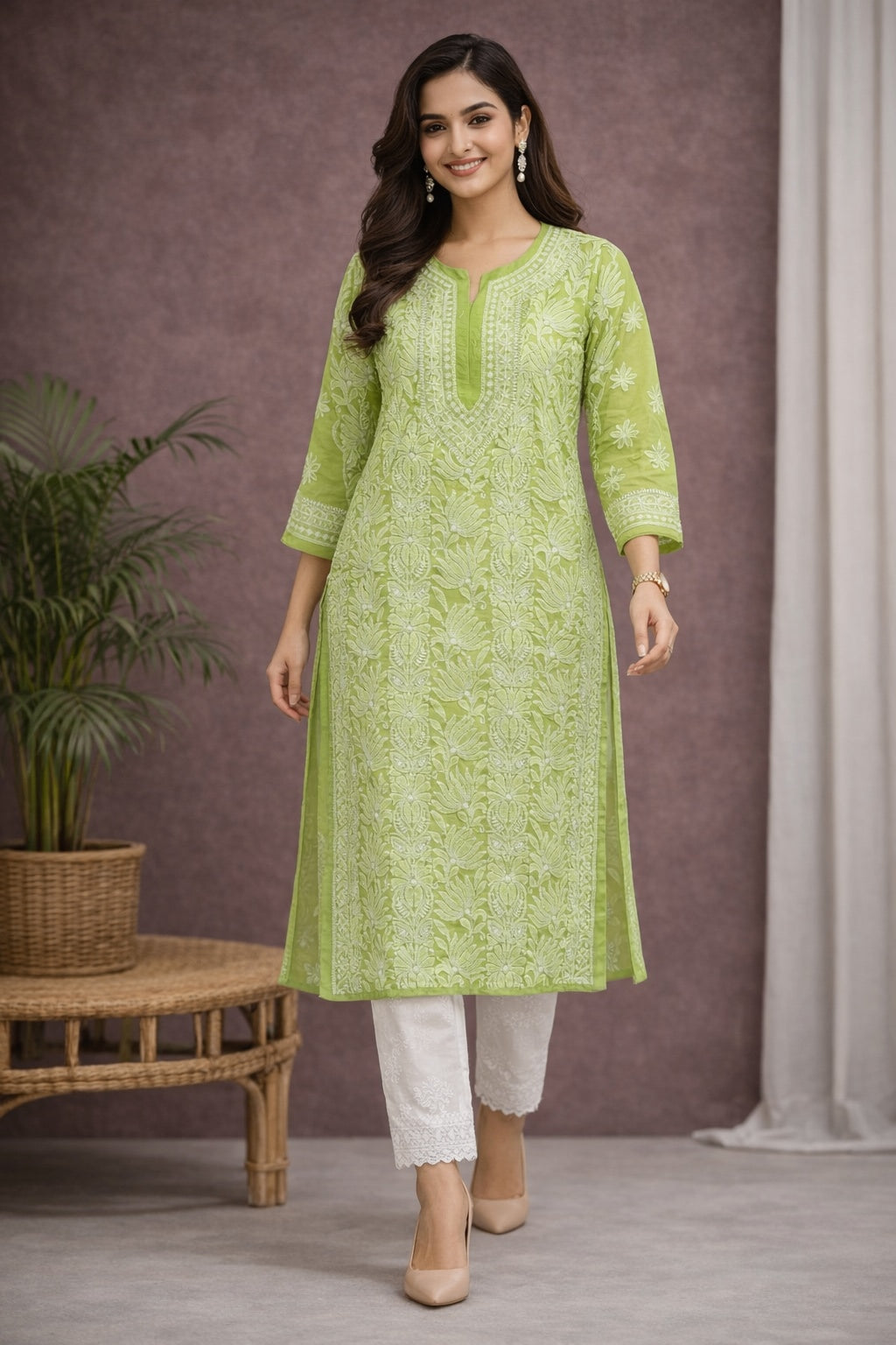 Karigiri Pista Green Chikankari Georgette Kurti_KF0154