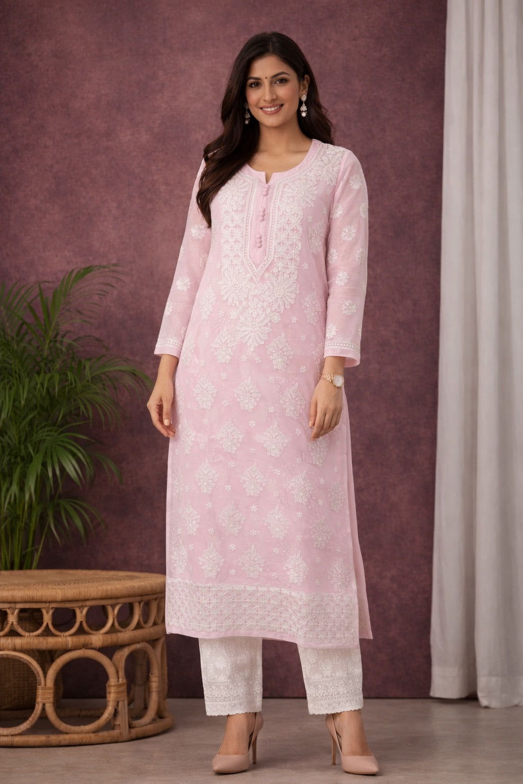 Karigiri Baby Pink Chikankari Georgette Kurti_KF0003