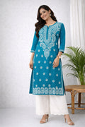Karigiri Teal Blue Chikankari Cotton Kurti Women_KF0105
