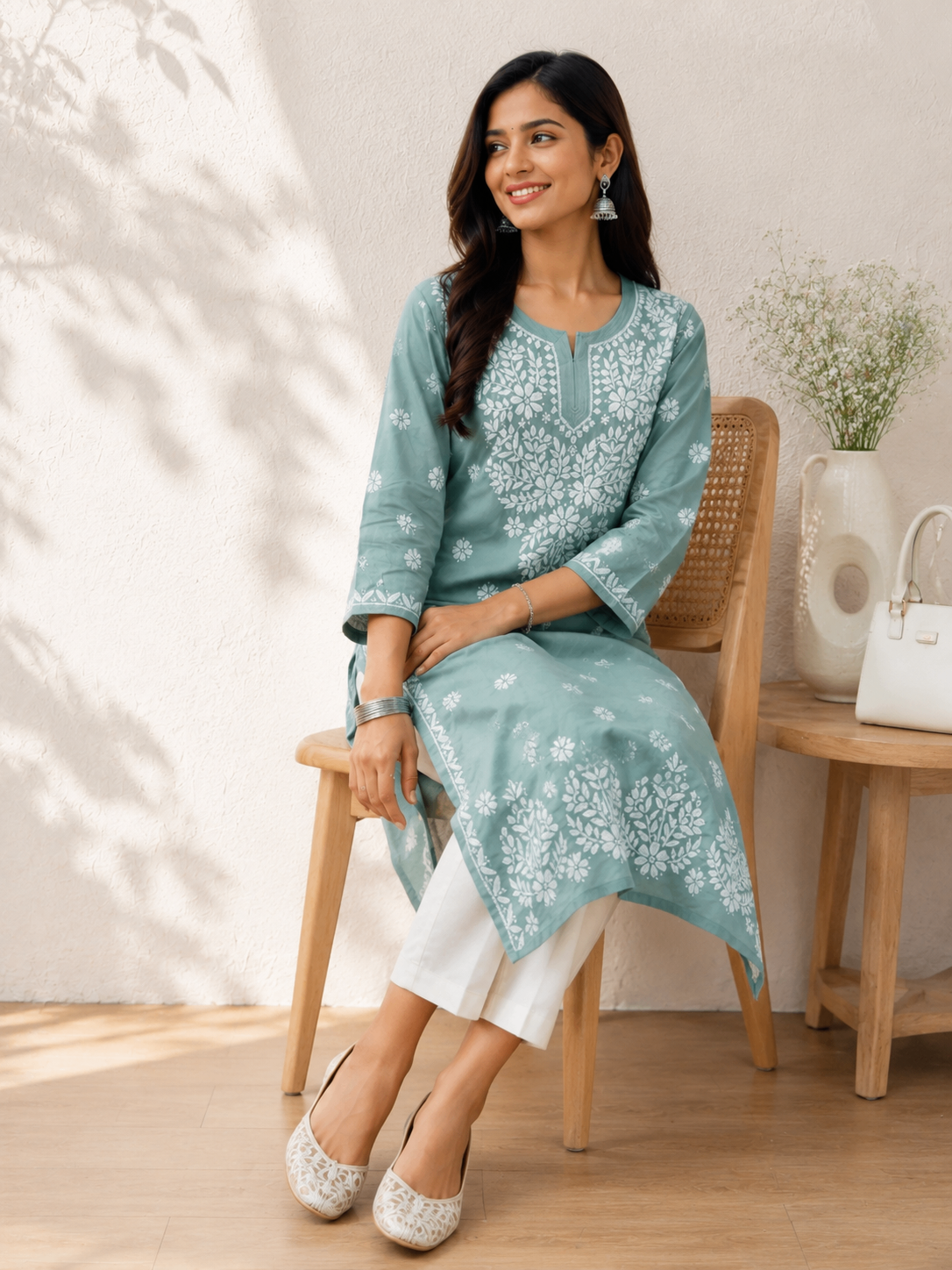Karigiri Sage Green Lucknowi Chikankari Hand Embroidered Soft Mulmul Cotton Straight Kurti for Women, 3/4 Sleeve, Calf Length Ethnic Wear_KFSG0415